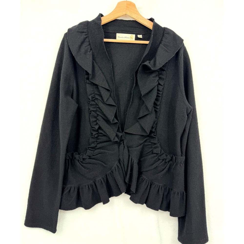 Anthropologie Black 100% Wool Ruffle Peplum Cardigan Sweater XL Practical Magic